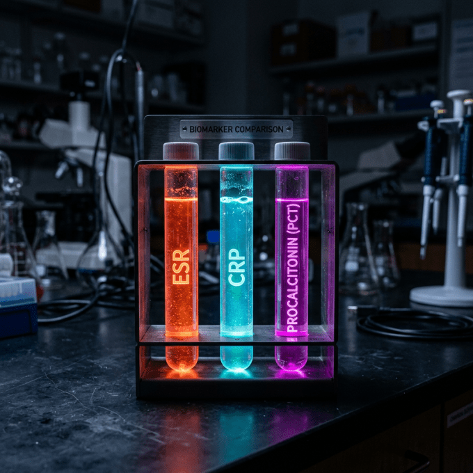 Three glowing test tubes labeled ESR, CRP, and Procalcitonin in a lab setting