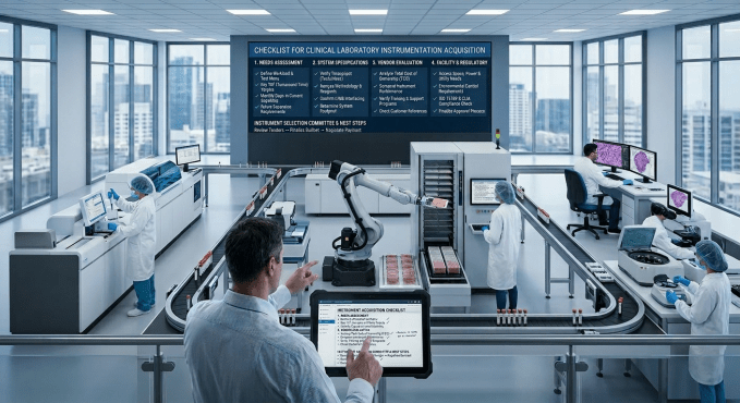 Clinical laboratory with scientists working and digital dashboards showing data analytics and key performance indicators