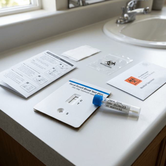 Fecal occult blood test kit components including test card, sample tube, instructions, and biohazard bag