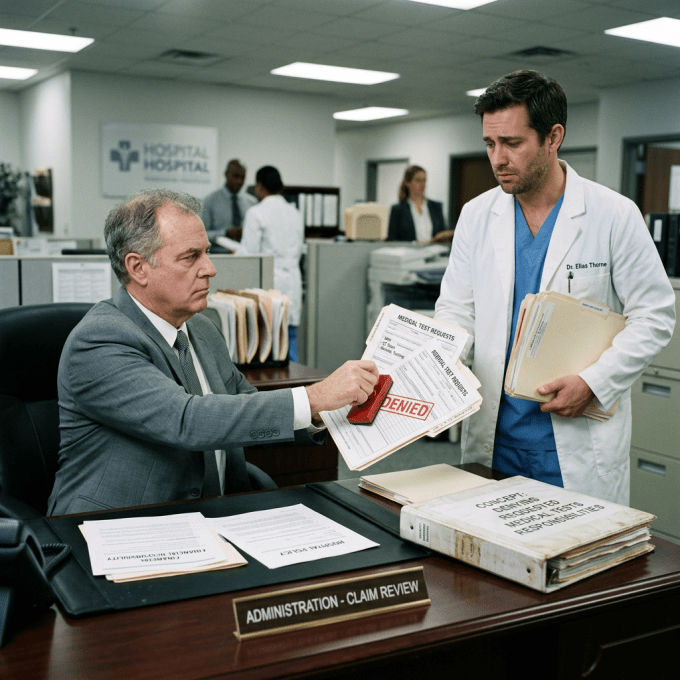 Hospital administrator stamping medical test requests as denied while doctor watches