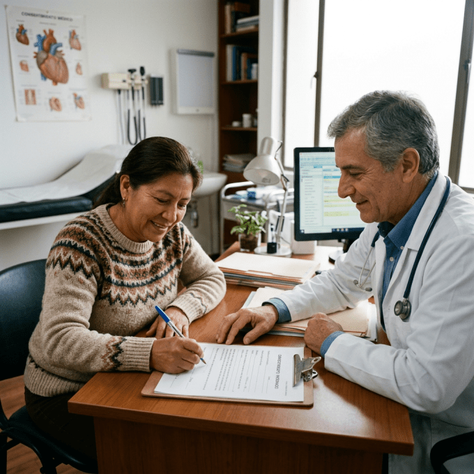 Patient signing consent form at doctor's office with physician